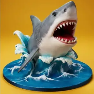 white shark bursting from ocean waves