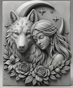 Wolf and fairy in a stone painting