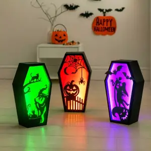 Halloween Candle Tea Light Holder Set | 3 Coffin Lantern