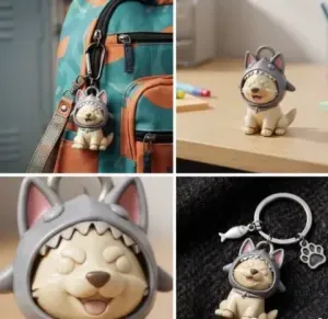 Cute Husky Pup in Dinosaur Costume Keychain & Toy