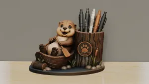Cute Otter in a Boat – River Desk Organizer & Pen Holder