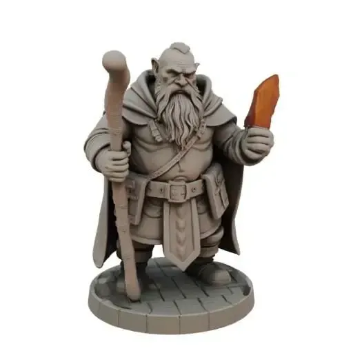 A stern dwarf druid with a crystal
