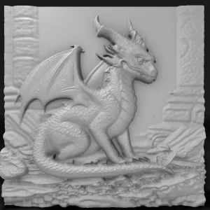 young dragon with curled wings on an ancient ruin