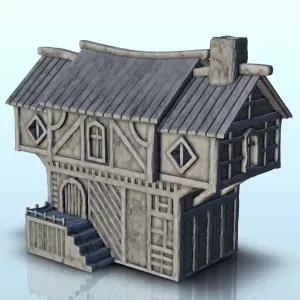 Medieval house with access stairs and roof in several parts