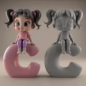 Cute Girl Sitting on Letter C STL – 3D Model for Decor