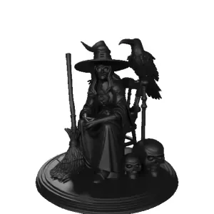3998 Ivory Witch on Chair with Broom , Raven and Skull STL