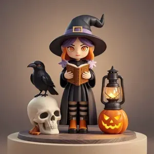 3400 Halloween Witch with Skull, Raven and Pumpkin 3D STL