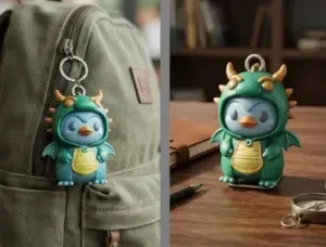 Cute Chibi Penguin in Dragon Costume Keychain & Toy
