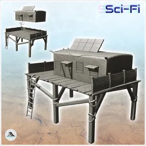 Post-apocalyptic house on stilts with solar panels and acces