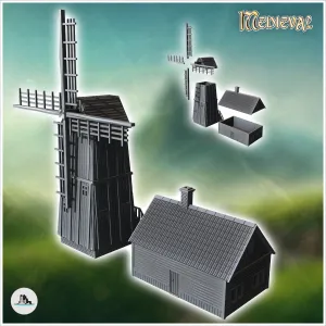 Set of wooden mill on a square base with an annex farm build
