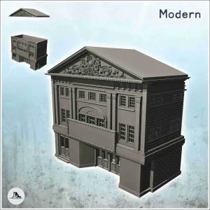Neoclassical theater with large carved pediment and display