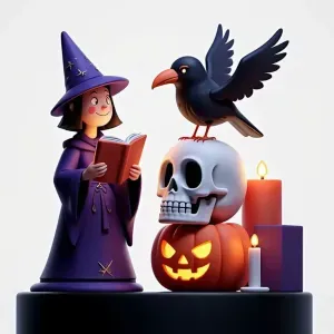 3230 Witch with Spell book, Skull, Raven and Pumpkin STL