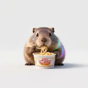 Little Hamster Sneaking a Bite of Instant Noodles
