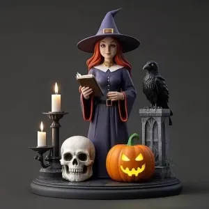 3772 Witch with Skull, Raven and Pumpkin Color 3D Model STL