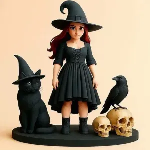 3955 Red-Haired Witch with Cat and Raven Full-Color 3D STL