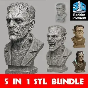 Frankenstein Bust STL Bundle – 5-in-1 Horror Monster for 3D