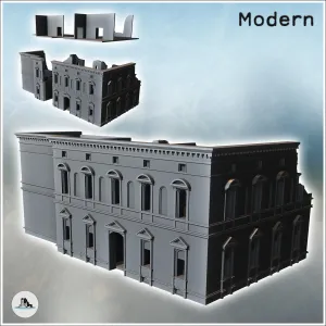 Baroque palace with pediments, flat roof and ruined section