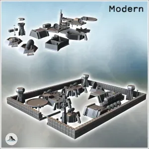 Large modern military base set with hangars, tower watchtowe
