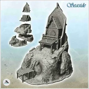 Pirate building on rock in boat shape with wooden access pon
