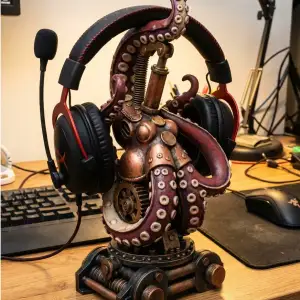 Steampunk Octopus Headphone Stand Bronze Gear Desk Setup
