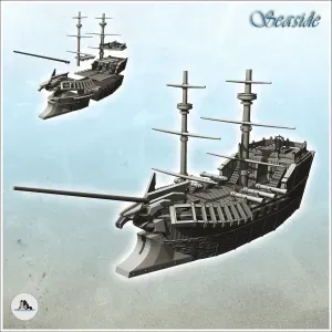 Two-masted medieval wooden ship with six gunpowder cannons (