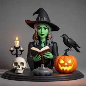 3237 Witch with Spell book, Skull, Raven and Pumpkin STL