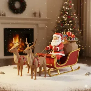 Santa Claus on a sleigh with reindeer and gifts lowpoly
