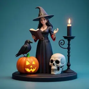 3155 Witch with Spell book, Skull, Raven and Pumpkin