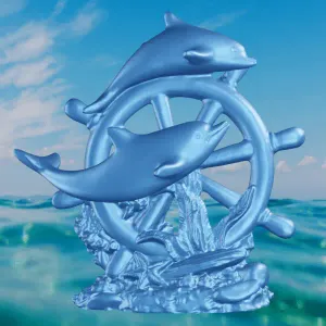 Dolphin and boat wheel