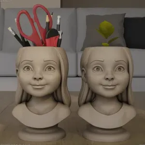 Cute Stylized Girl Head Planter and Desk Organizer STL