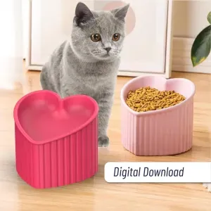 Heart Shaped Pet Bowl, Elevated Tilted, 3D Pet Decor Bowl