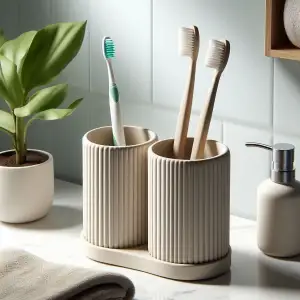 Molded Double Toothbrush Holder Set – Ribbed Organizer